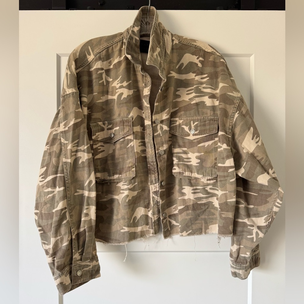 All Saints Camouflage Button-Up Jacket frayed edge crop size 8